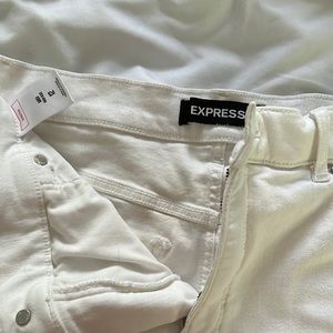 Express midi high rise distressed white denim shorts